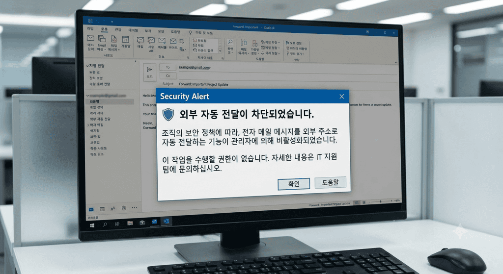 조직 관리자 정책으로 외부 자동 전달이 차단된 오류 메시지 화면