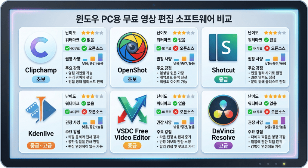 윈도우 PC에서 여러 영상 편집 프로그램 아이콘이 나열된 화면, 무료 영상 편집 소프트웨어 비교 목적