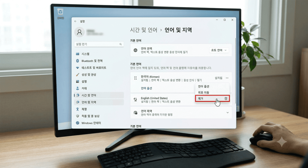 윈도우 설정 화면에서 한국어 언어팩을 제거하고 재설치하는 과정, 언어 및 지역 메뉴가 열려있는 모습