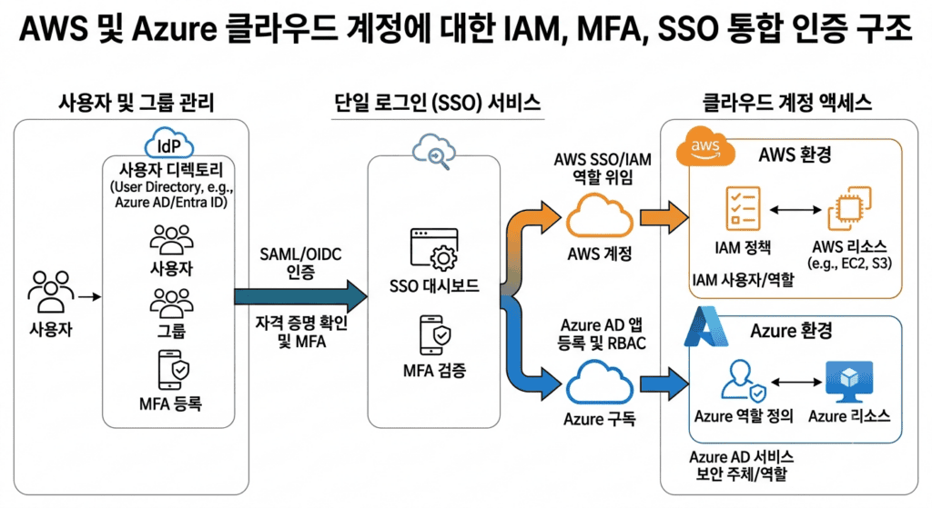 클라우드 환경에서 AWS와 Azure 계정에 IAM, MFA, SSO가 적용된 인증 구조