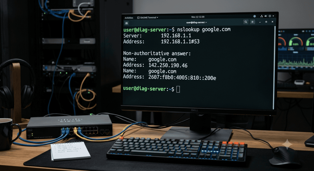 터미널에서 nslookup 명령어로 대상 도메인의 DNS 조회 결과를 확인하는 화면, 네트워크 문제 진단 목적