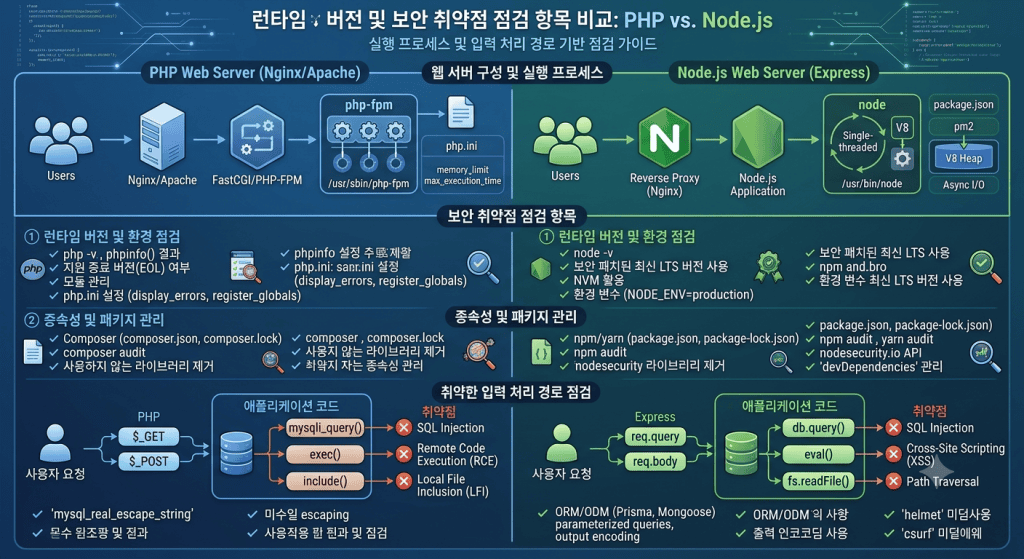 PHP와 Node.js 웹 서버의 런타임 버전 및 보안 취약점 점검 항목 비교
