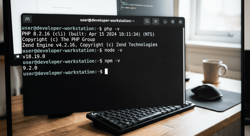 Linux 터미널에서 PHP와 Node.js 런타임 버전을 확인하는 명령어 화면
