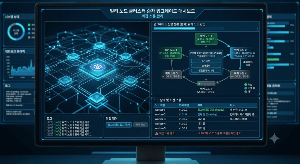 멀티 노드 클러스터에서 워커 노드를 순차적으로 업그레이드하며 버전 스큐를 관리하는 화면
